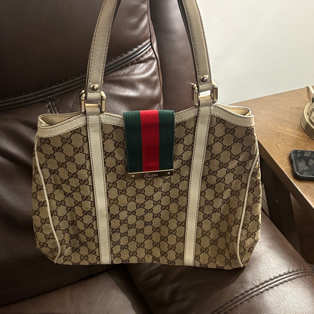 Gucci Brown and Cream Shoulder Bag with Red and Green Stripe
